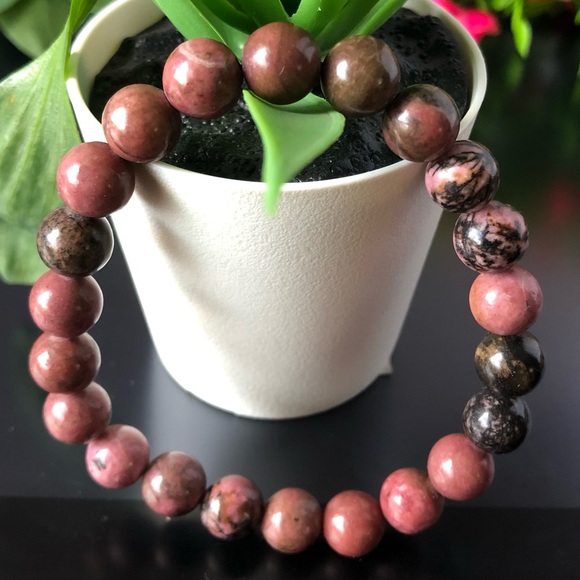 Rhodonite 8mm Natural Stone Beads Stretchable Bracelet - Picture 2 of 3